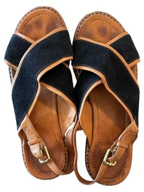 FRYE Blaire Overlay Sling Sandals Black Suede Brown Leather Cross Strap Womens 7